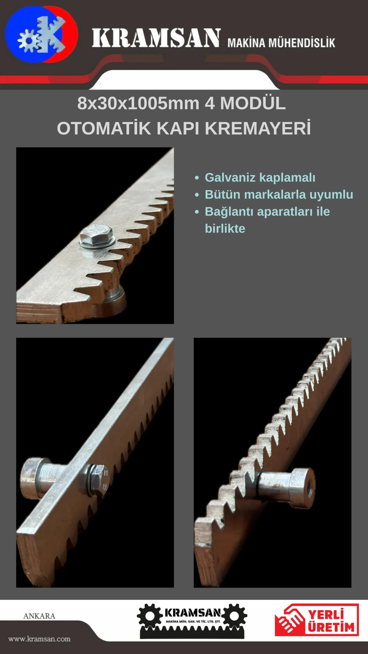 Otomatik Kapı Kremayeri 8x30x1005 mm Modül 4 - Galvaniz Kaplamalı